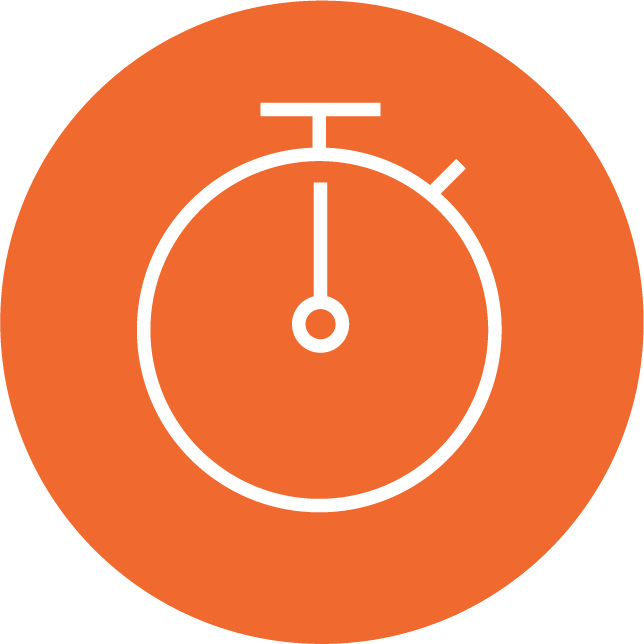Icon of a stopwatch, illustrating extremely fast response time, enclosed in an orange circle.