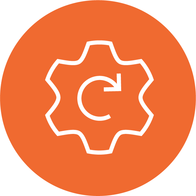 Icon of a gear with a circular arrow, signifying minimal maintenance requirements, within an orange circle.