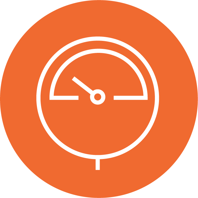 Icon of a pressure gauge or meter, representing functionality without oxygen, inside an orange circle."